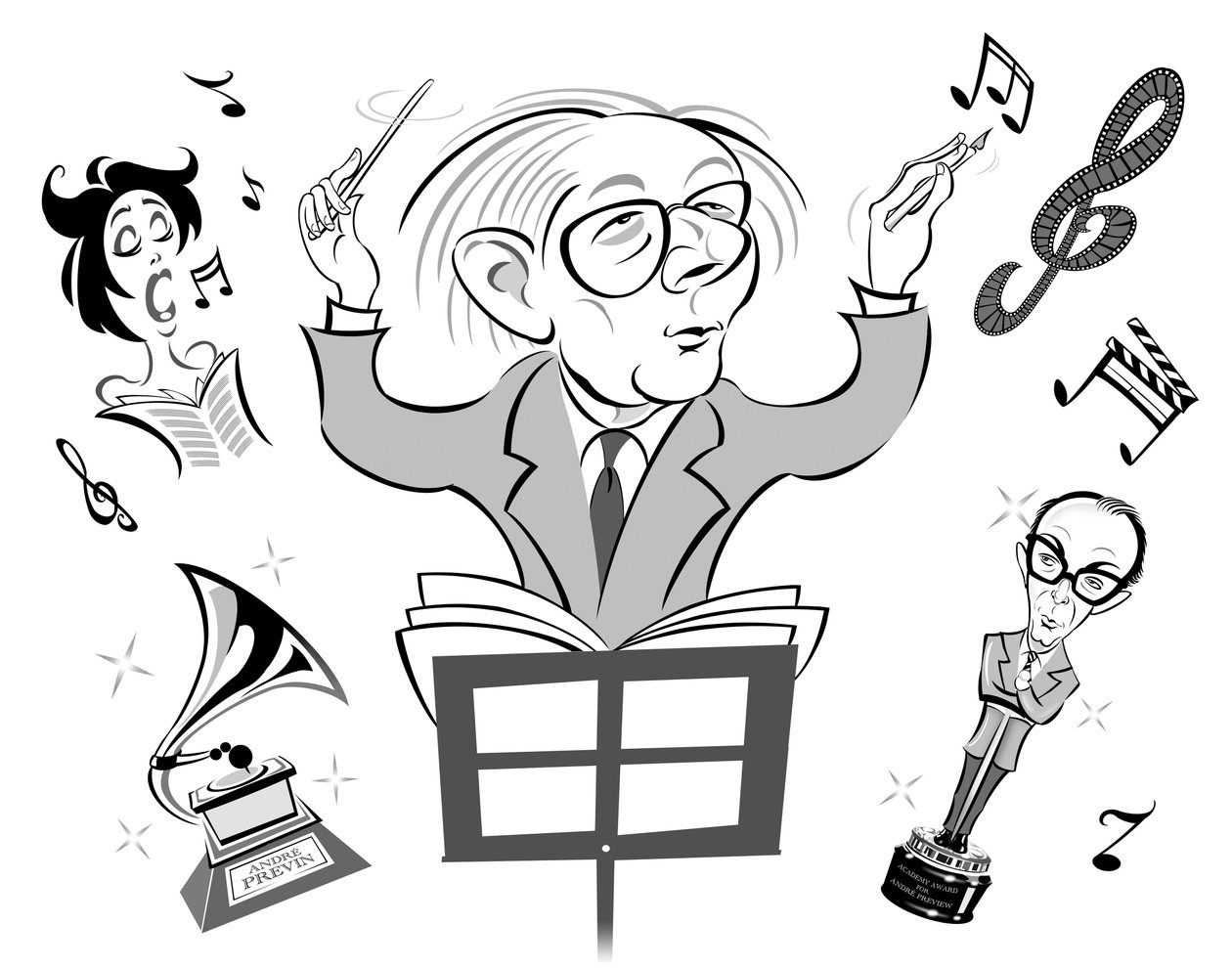 Andre Previn, tyskfødt amerikansk pianist, komponist og dirigent (født 1929); karikert dirigering og skriving av filmmusikk; med Eric Morecambe som en Oscar med referanse til Previns opptreden av Neale Osborne