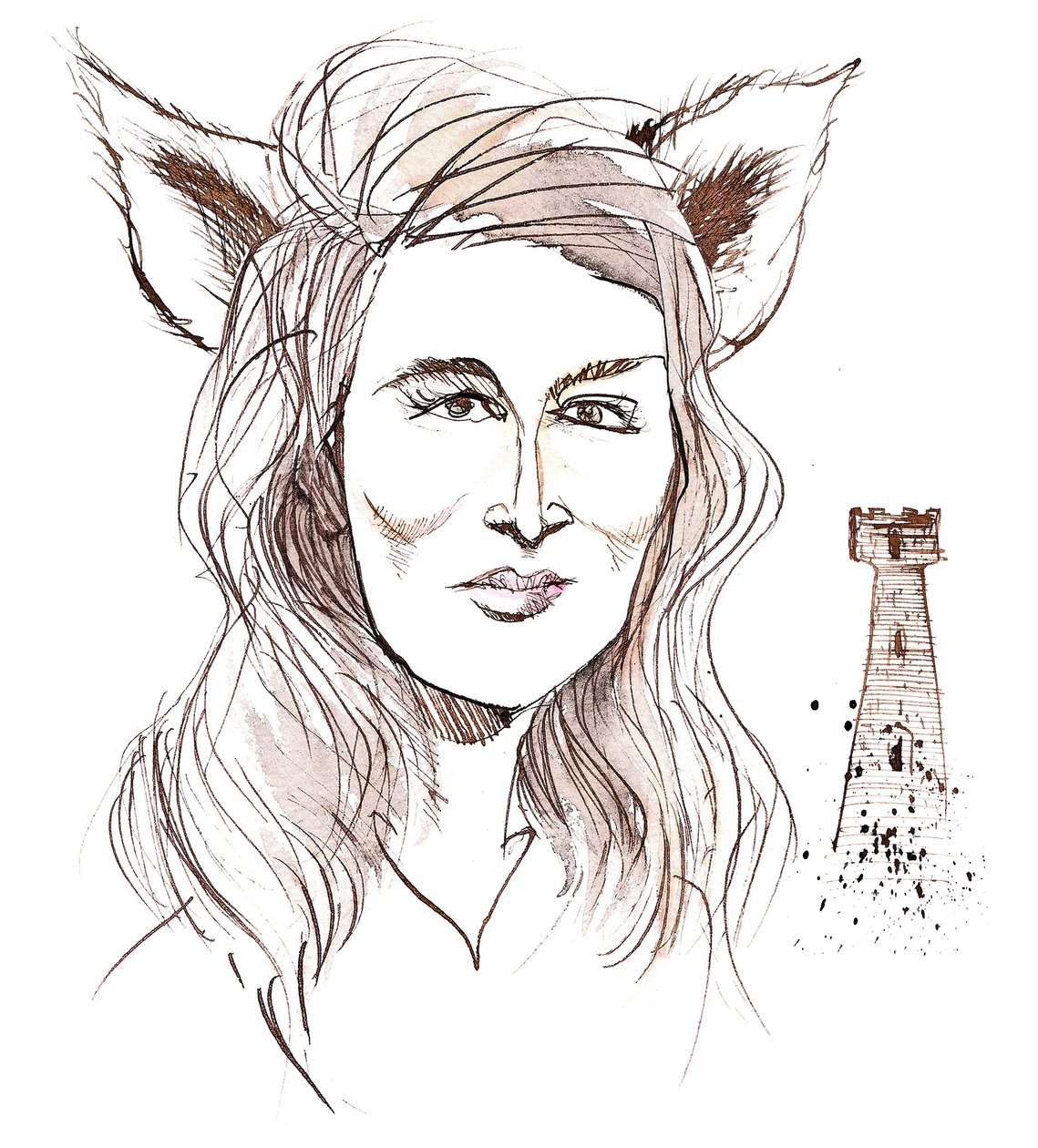 Angela Carter, engelsk forfatter og journalist; karikert med ulveører med henvisning til historien hennes The Company of Wolves fra boken The Bloody Chamber (1979) av Neale Osborne