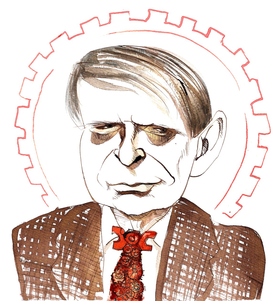 Anthony Burgess, engelsk forfatter, kritiker, poet, dramatiker, oversetter og komponist; karikert med urverks oransje slips, med referanse til novellen A Clockwork Orange (1962) AB: 25. februar 1917 av Neale Osborne
