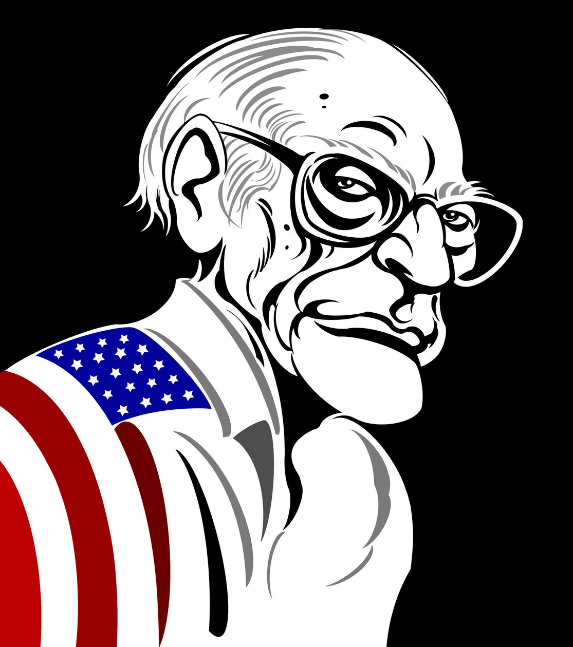 Arthur Miller, amerikansk dramatiker (1915-2005); svart-hvitt - fargekarikatur, drapert i amerikansk flagg av Neale Osborne