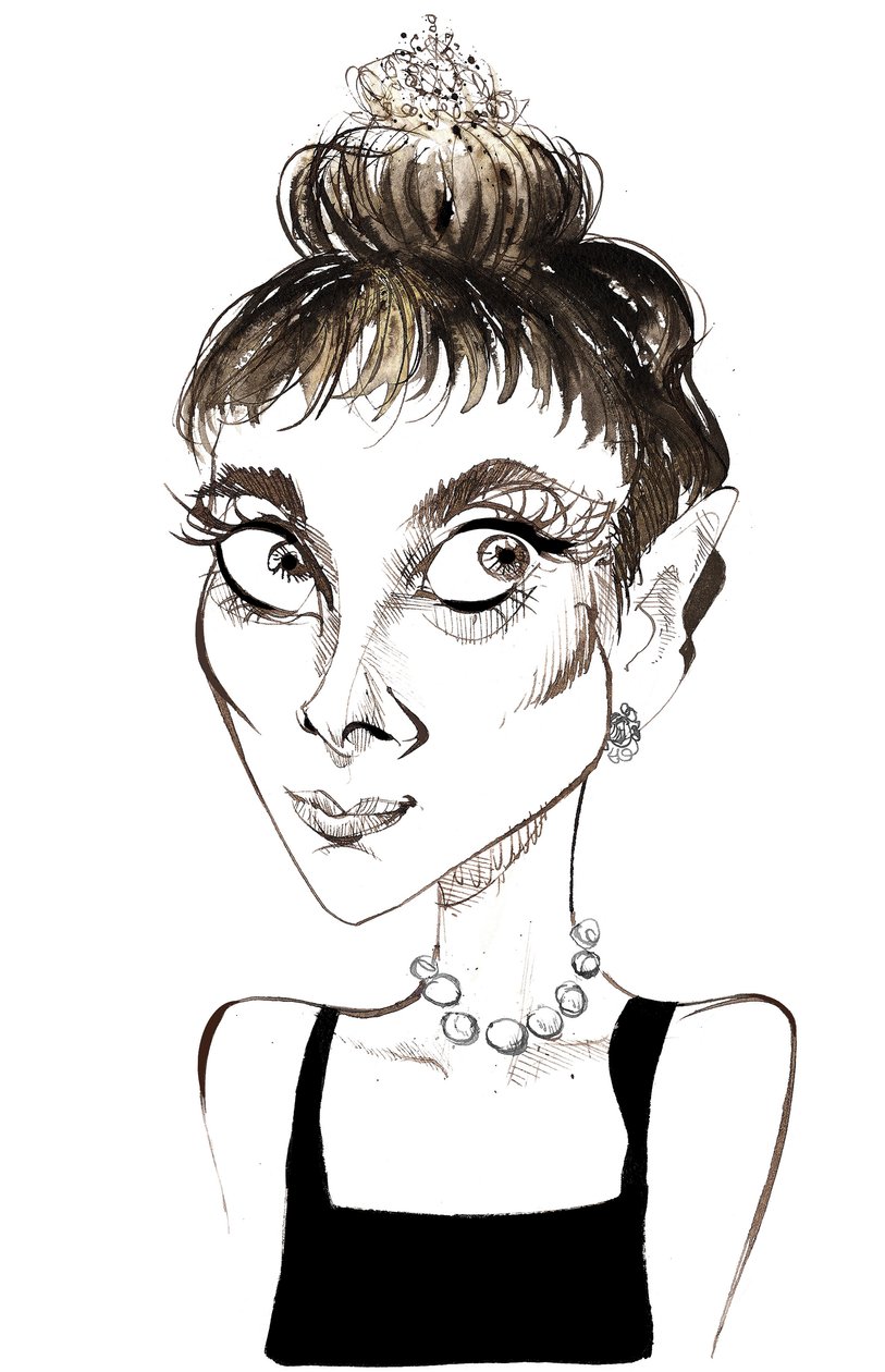 Audrey Hepburn (1929-1993) belgiskfødt skuespillerinne, fargekarikatur som Holly Golightly fra 1961-filmen Breakfast at Tiffanys (regissert av Blake Edwards) av Neale Osborne