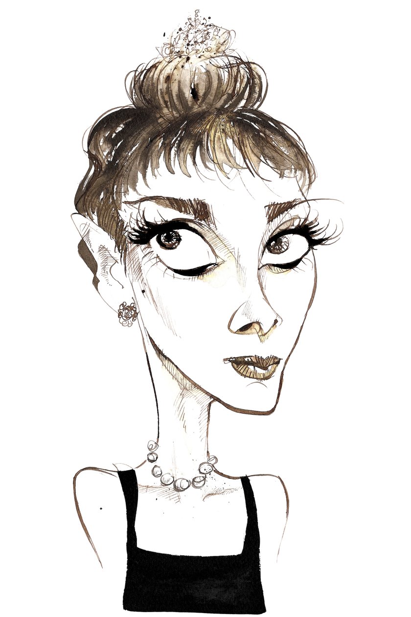 Audrey Hepburn (1929-1993) belgiskfødt skuespillerinne, fargekarikatur som Holly Golightly fra 1961-filmen Breakfast at Tiffanys (regissert av Blake Edwards) av Neale Osborne