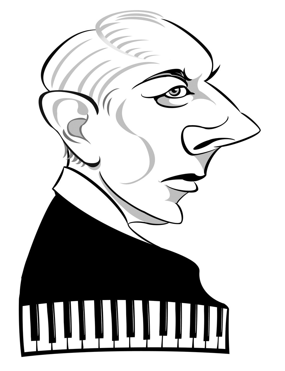 Bela Bartok - ungarsk komponist og pianist (1881-1945); svart-hvitt karikatur av Neale Osborne