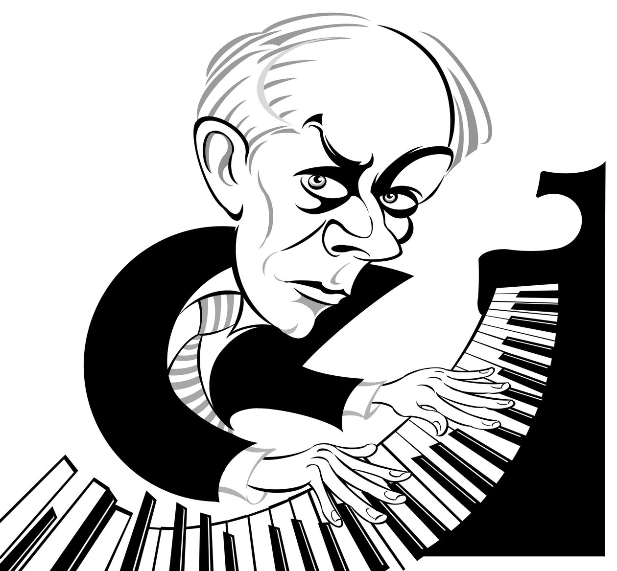 Bela Bartok ungarsk komponist og pianist (1881 - 1945); svart og hvit karikatur ved pianoet av Neale Osborne