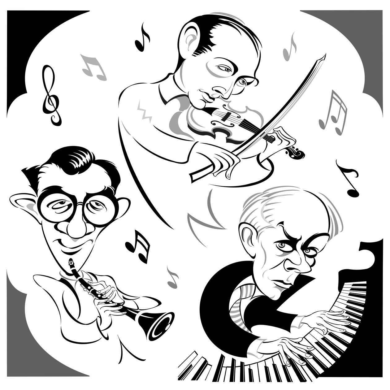 Bela Bartok ved pianoet, den amerikanske klarinettisten Benny Goodman (1909-86) og den ungarske fiolinisten Joseph Szigeti (1892-1973), trioen som gjorde premiereinnspillingen av Contrasts i 1940 - en kammerpai av Neale Osborne