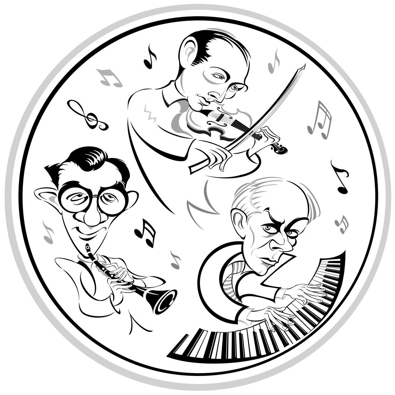 Bela Bartok ved pianoet, den amerikanske klarinettisten Benny Goodman (1909-86) og den ungarske fiolinisten Joseph Szigeti (1892-1973), trioen som gjorde premiereinnspillingen av Contrasts i 1940 - en kammerpai av Neale Osborne
