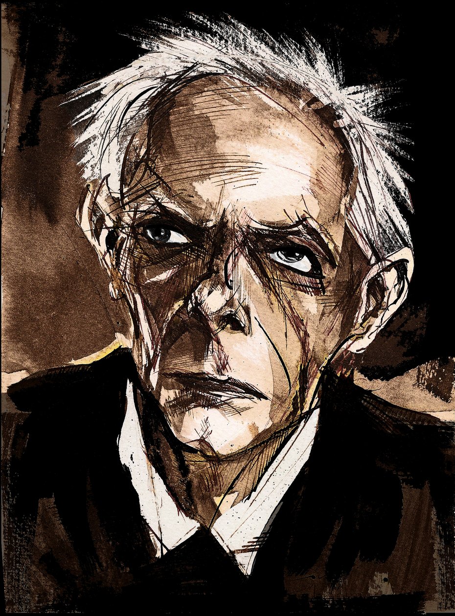 Bela Bartok av Neale Osborne, karikatur i penn og vannfarge av Neale Osborne