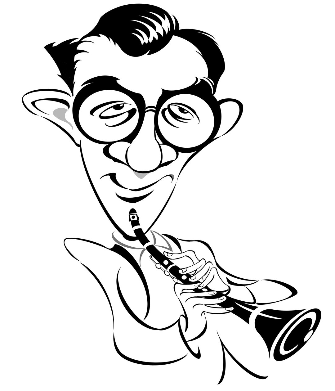 Benny Goodman - amerikansk jazz- og swingmusiker, klarinettist og bandleder, kjent som The King of Swing (1909 - 1986); karikatur av Neale Osborne