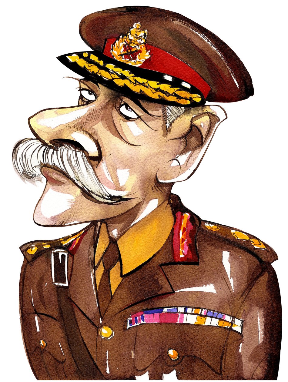 British Field Marshall, første jarl Haig av Bernersyde (1861-1928); fargekarikatur i hæruniform av Neale Osborne