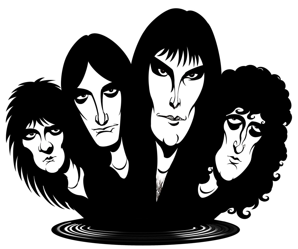 Britisk rockeband dannet i 1971; karikert fra venstre til høyre: Roger Taylor (trommeslager, vokalist, 26. juli 1949 - av Neale Osborne