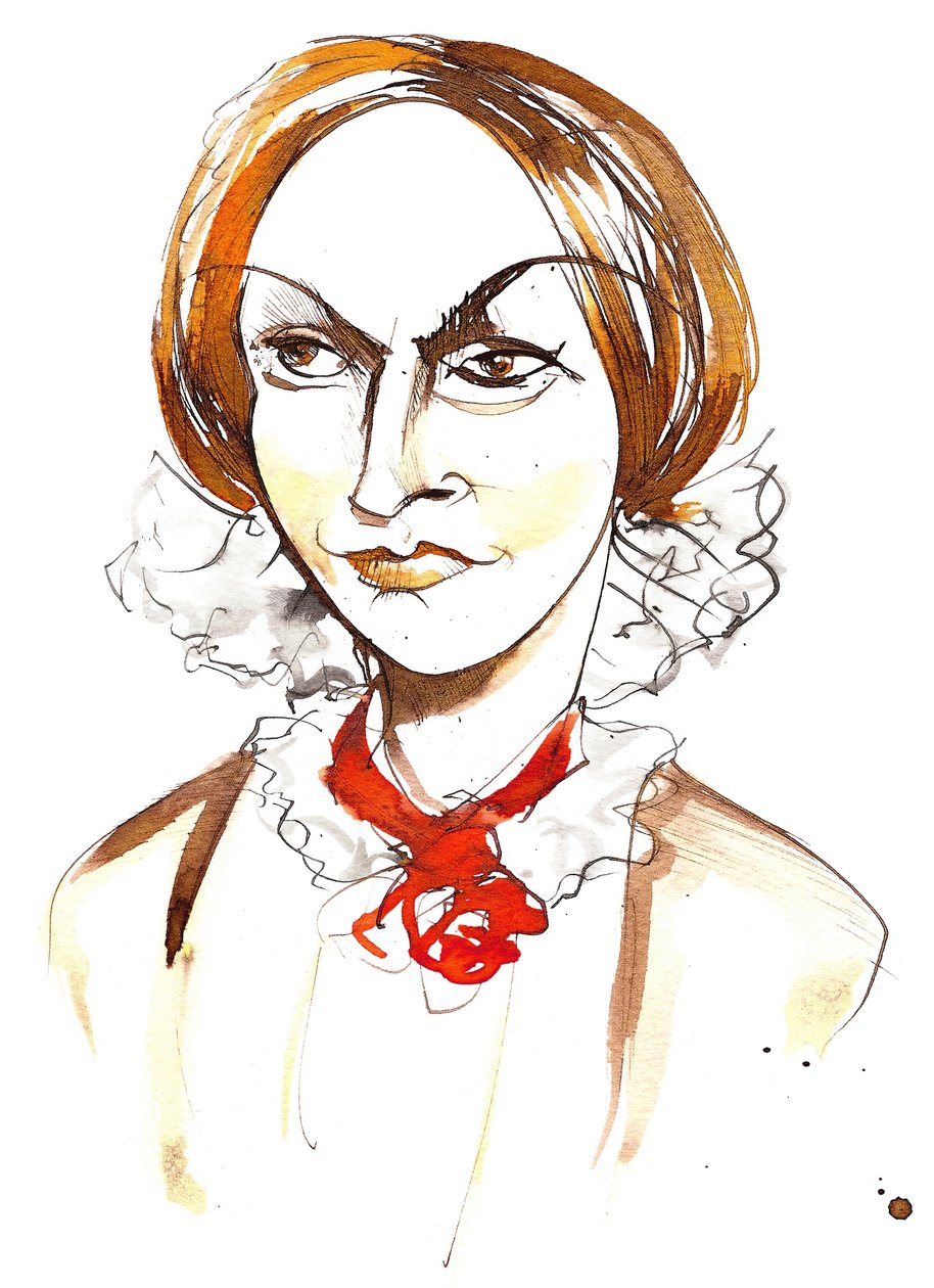Charlotte Bronte - engelsk romanforfatter og poet (1816 - 1855); fargekarikatur av Neale Osborne