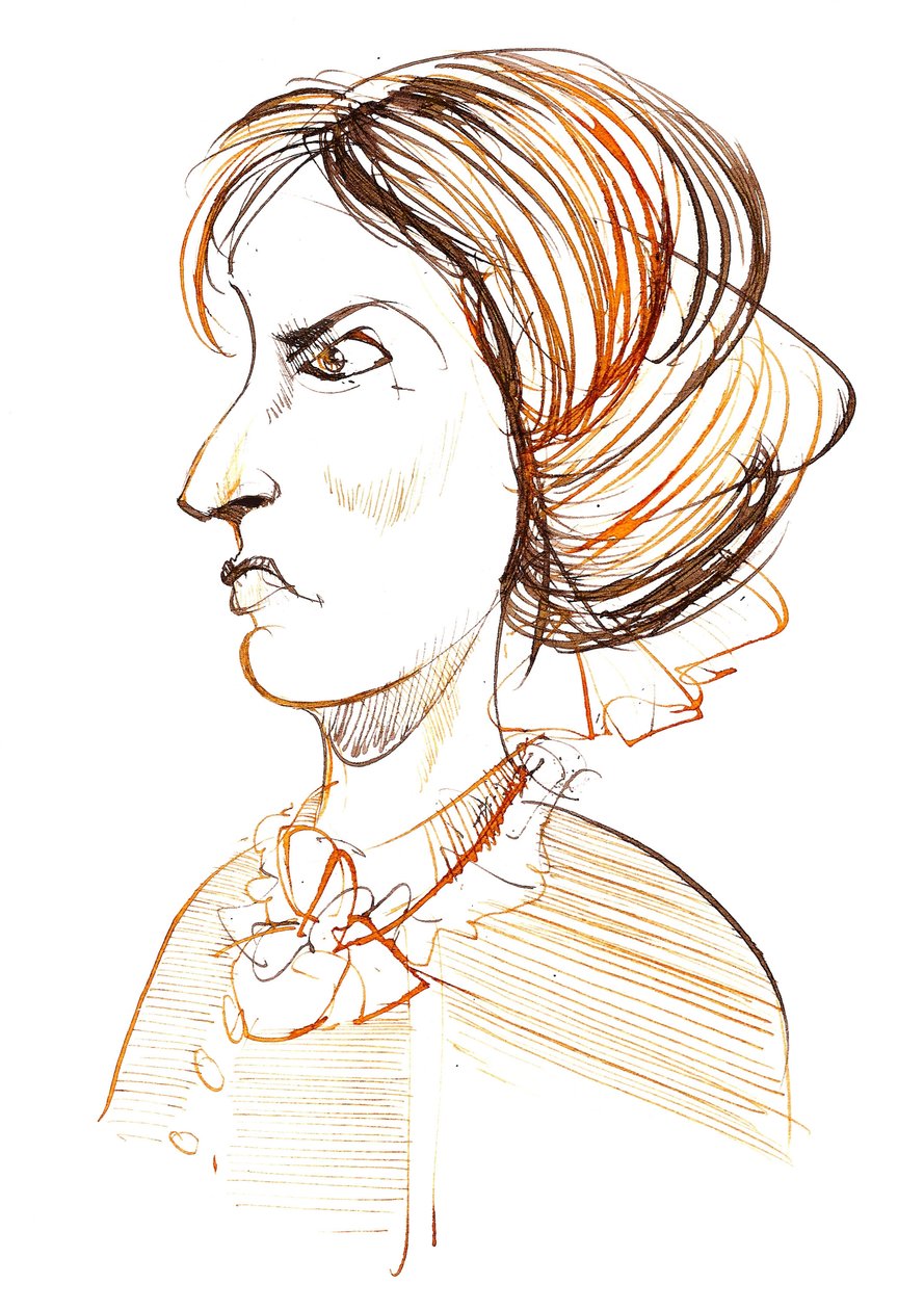 Charlotte Bronte - engelsk romanforfatter og poet (1816 - 1855); karikatur i profil av Neale Osborne