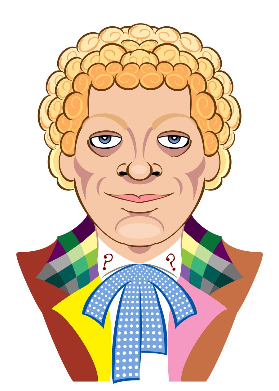 Colin Baker som Doctor Who - karikatur av Neale Osborne