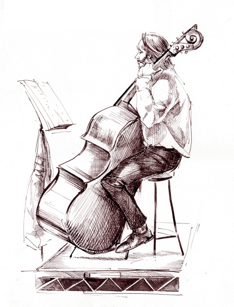 Kontrabassist - blekktegning av et medlem av City of Birmingham Symphony Orchestra (CBSO) som spiller kontrabass av Neale Osborne