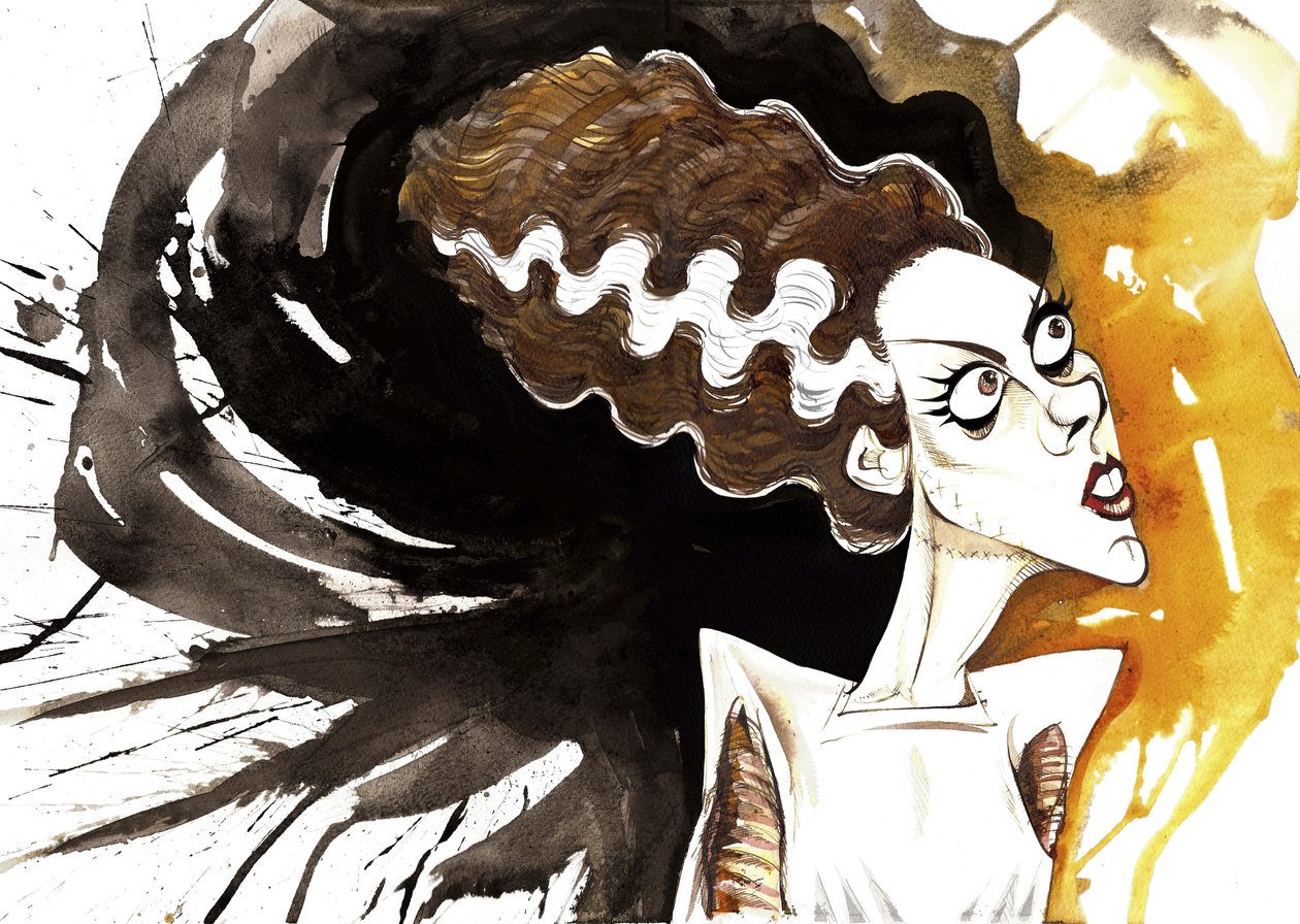 Elsa Lanchester, engelsk skuespillerinne (1902 - 1986); karikert som bruden fra filmen Bride of Frankenstein fra 1935, regissert av James Whale (engelsk skuespiller og regissør, 1889-1957) av Neale Osborne
