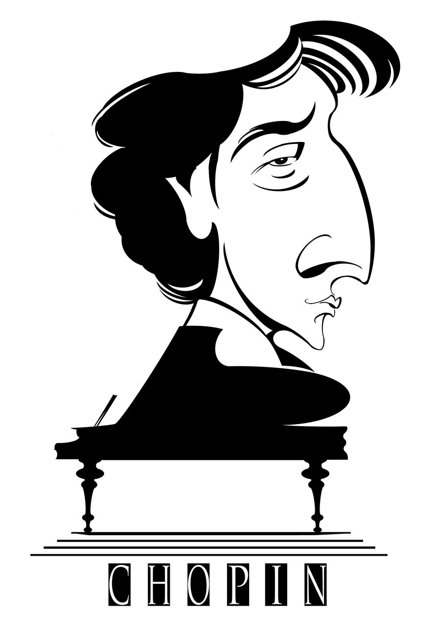 Frederic Chopin, fransk - polskfødt komponist og pianist (1810-49), bw grafisk karikatur med piano av Neale Osborne