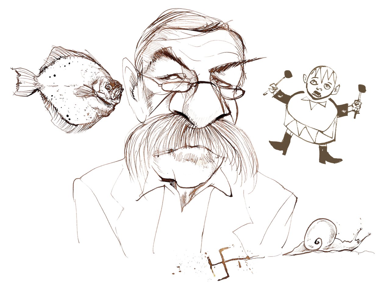 Günter Grass, tysk romanforfatter, poet, dramatiker og kunstner; karikert med referanser til bøkene hans: Flyndre - Der Butt (roman fra 1977); Fra en snegls dagbok - Aus dem Tagebuch einer Schneke ( av Neale Osborne