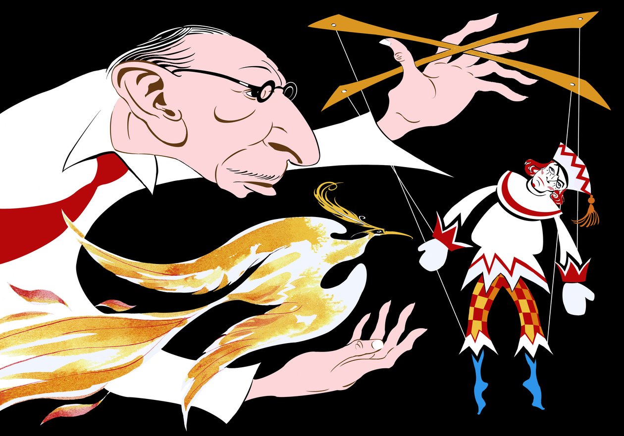 Igor Stravinsky - karikatur av russeren med en ildfugl og Petruskha fra balletten hans Ildfuglen 17. juni 1882 - 6. april 1971 av Neale Osborne