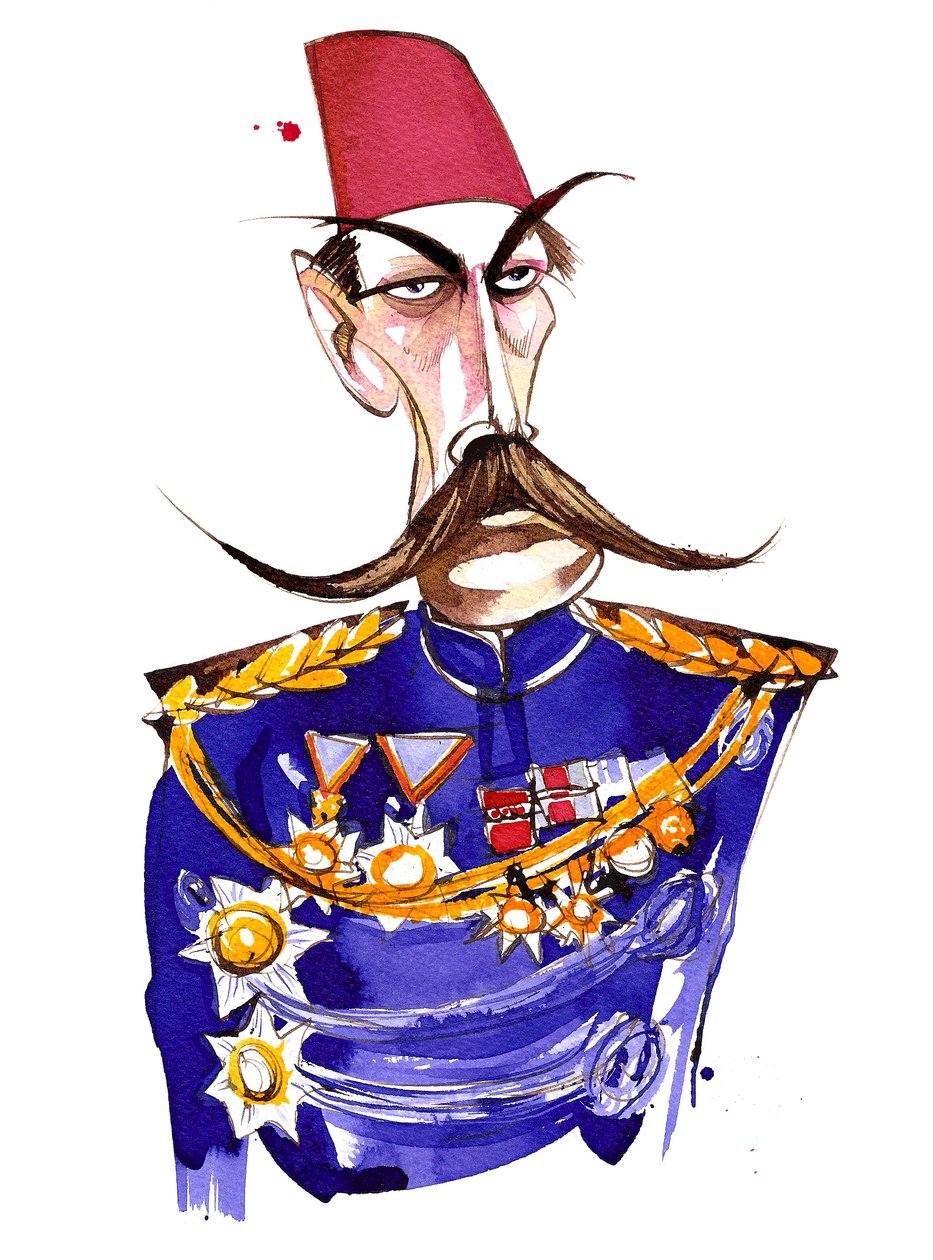 Irskfødt, britisk feltmarskalk, First Earl Kitchener, fargekarikatur i uniform og fez av Neale Osborne