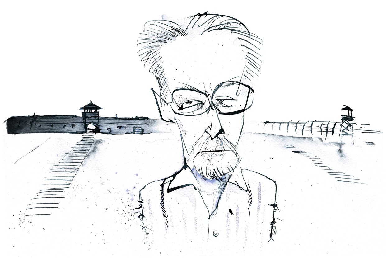 italiensk forfatter, poet og kjemiker Primo Levi (1919-87); karikatur av Neale Osborne