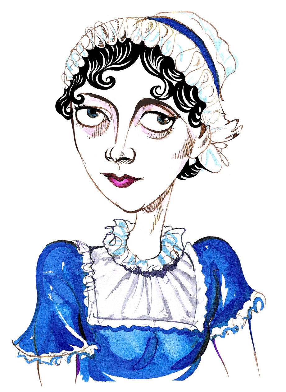 Jane Austen, engelsk romanforfatter, (1775-1817) karikatur av Neale Osborne