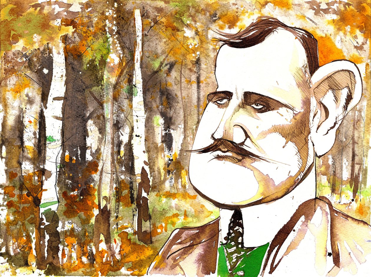 Jean Sibelius, karikert som en yngre mann av Neale Osborne