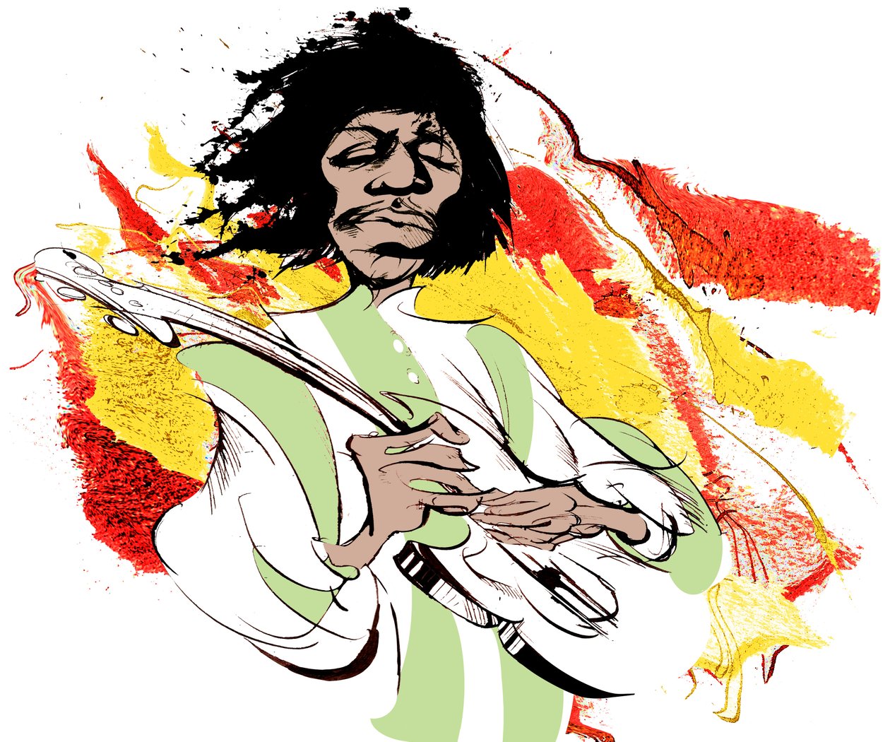 Jimi Hendrix , amerikansk gitarist (1942-70), fargekarikatur av Neale Osborne