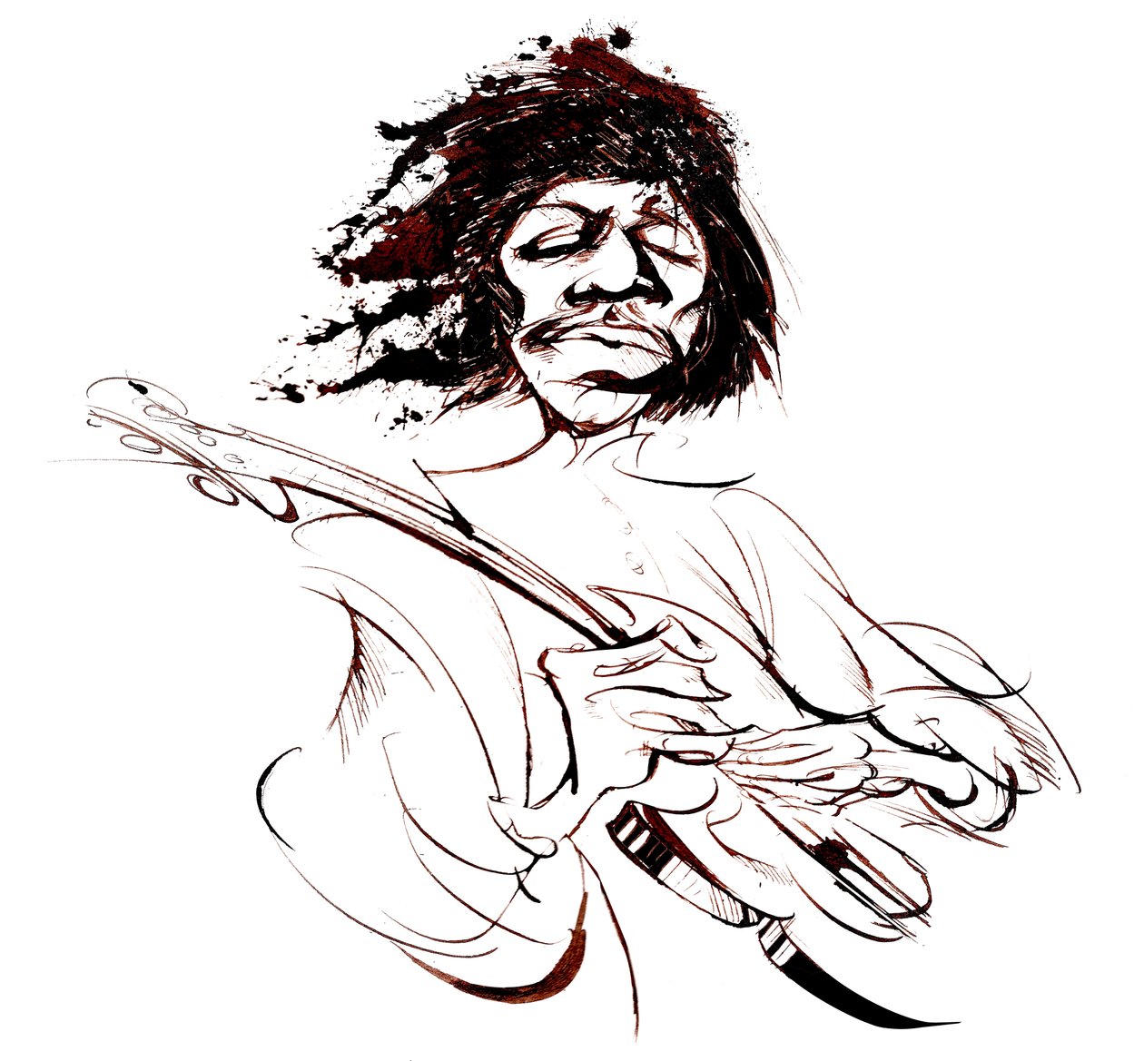 Jimi Hendrix , amerikansk gitarist (1942-70), sepia-karikatur av Neale Osborne