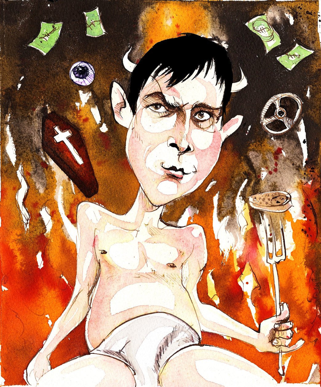 Joe Orton, engelsk forfatter og dramatiker; karikatur med referanse til skuespillene hans Entertaining Mr Sloane (fra 1964) og Loot (fra 1965) av Neale Osborne