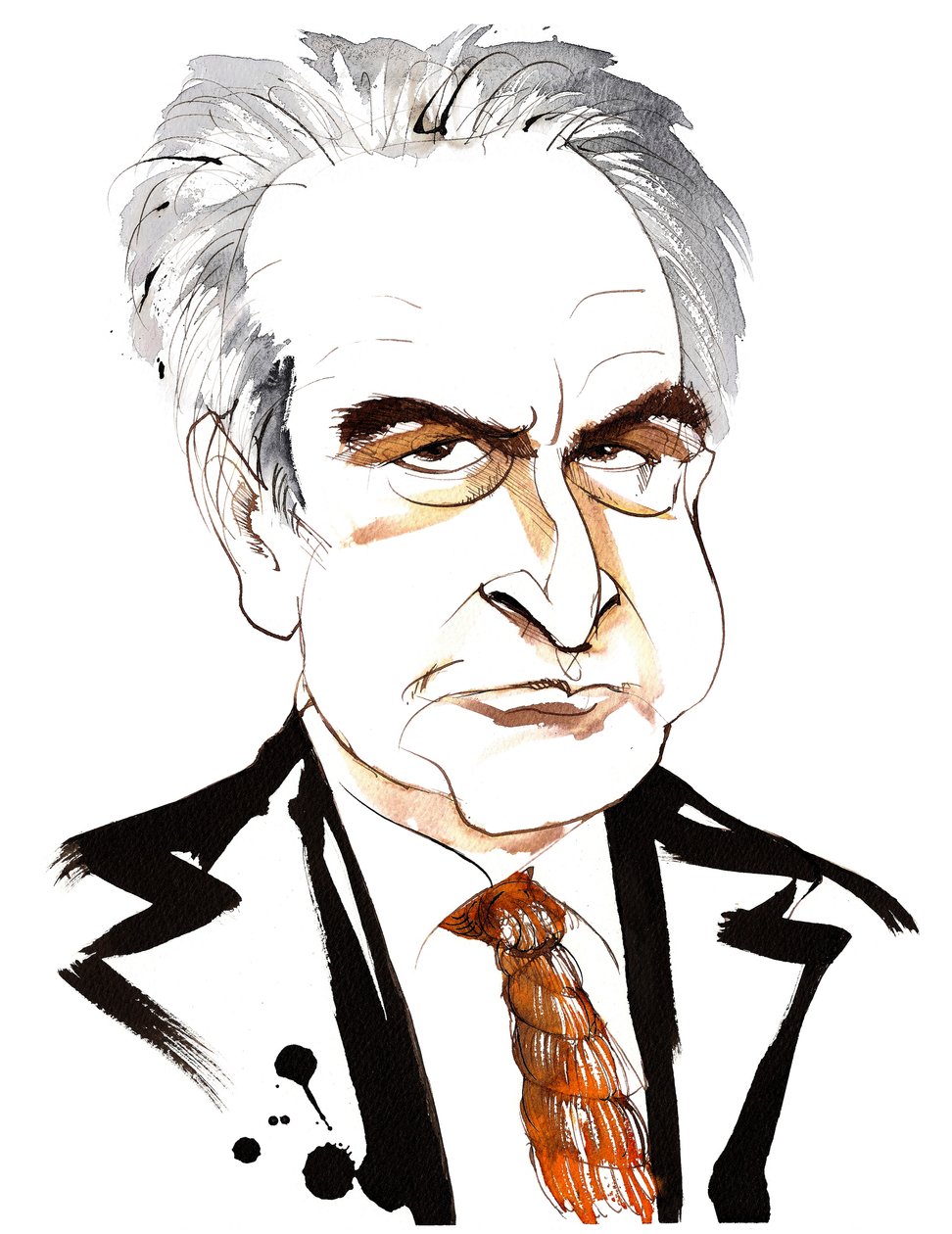 John Banville, irsk romanforfatter og manusforfatter; krimforfatter under pennenavnet Benjamin Black; karikatur med løkkeslips av Neale Osborne