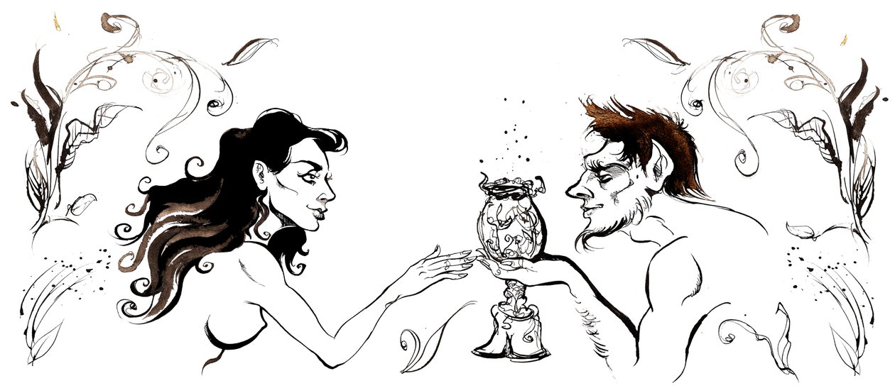 Margarita møter den geitbeinte mannen fra Mesteren og Margarita av Mikhail Bulgakov (russisk dramatiker og forfatter, 1891-1940); blekktegning, 2015 av Neale Osborne