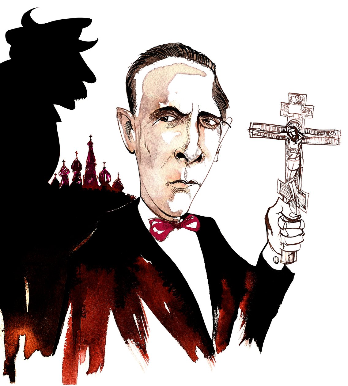 Mikhail Bulgakov, russisk forfatter og dramatiker; karikert i skyggen av diktator Joseph Stalin, med et krusifiks i referanse til Bulgakovs roman Mesteren og Margarita (fra 1928-40) av Neale Osborne