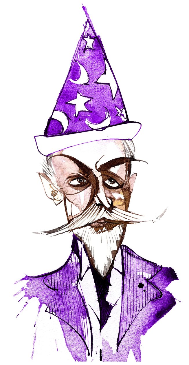 Paul Dukas, fransk komponist (1865-1935); karikert som en trollmann av Neale Osborne
