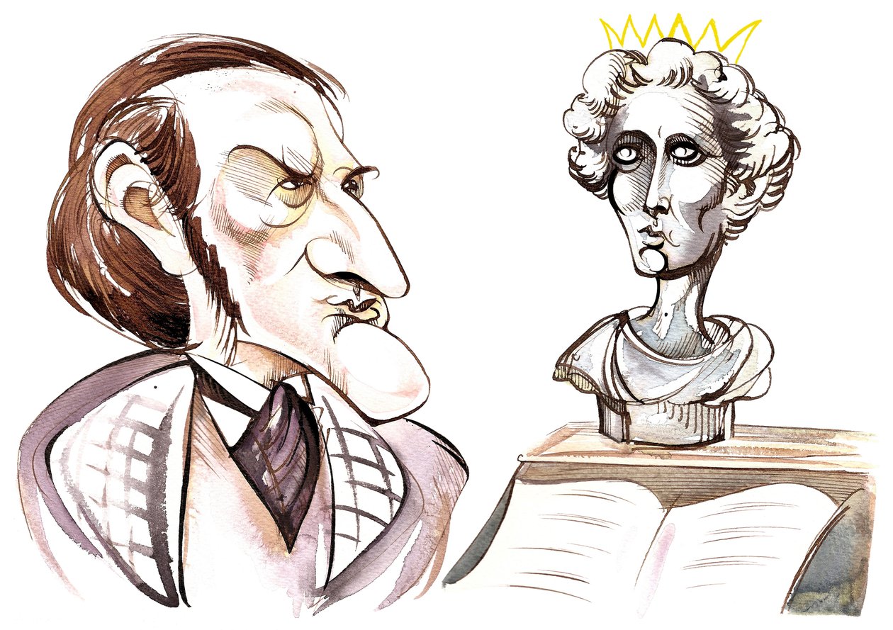 Richard Wagner - karikatur av tysk komponist med en byste av gale kong Ludwig II av Bayern (1845-86) av Neale Osborne