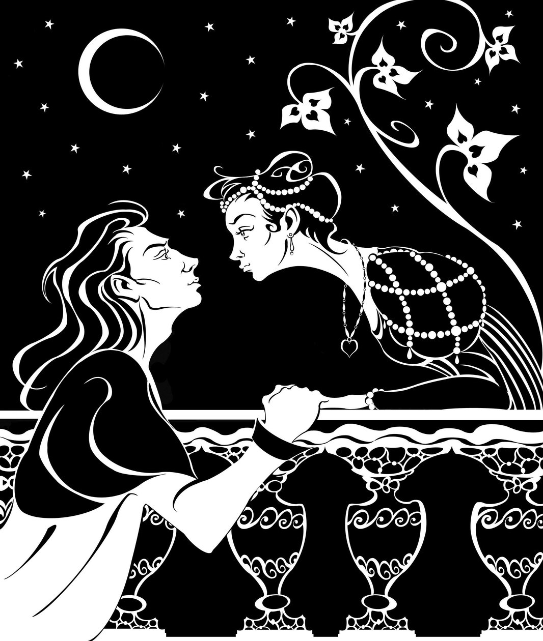 Romeo og Julie - illustrasjon av balkongscenen fra stykket av William Shakespeare av Neale Osborne