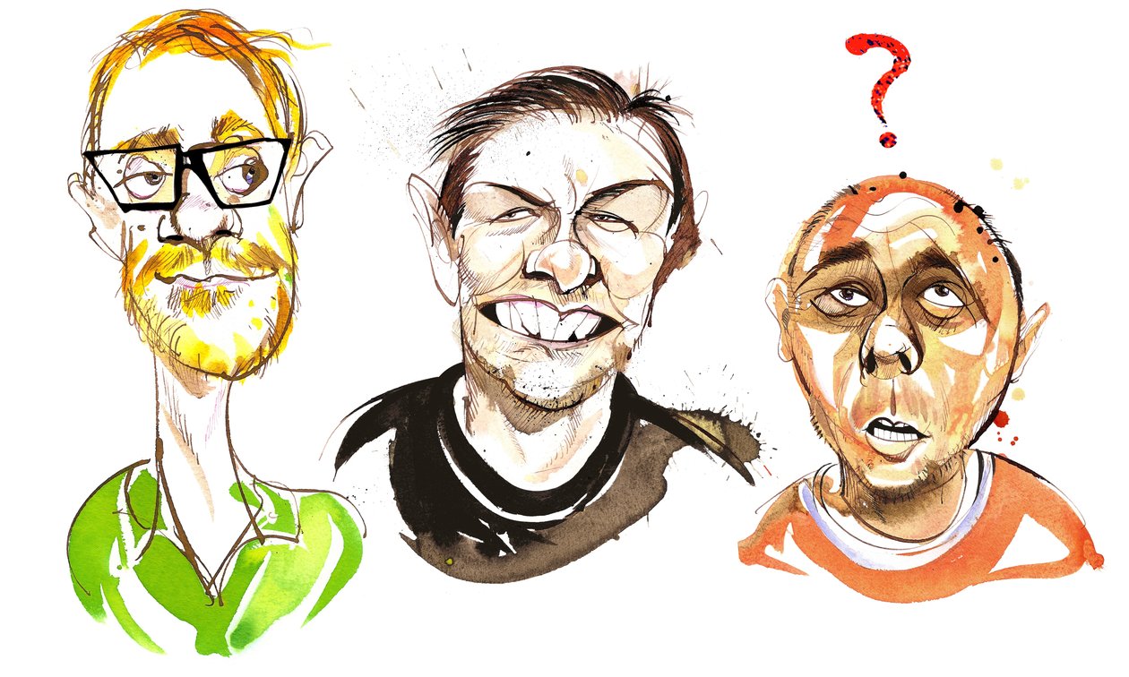 The Ricky Gervais Show med engelske komedieskuespillere: Stephen Merchant , Ricky Gervais og Karl Pilkington av Neale Osborne