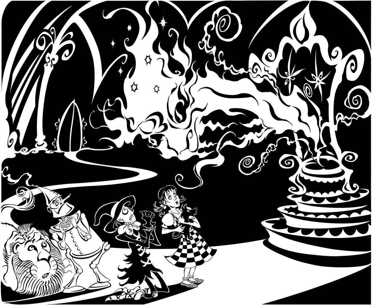 The Wonderful Wizard of Oz: The Great Oz, snakker til Dorothy, Scarecrown, Tin Man, the Lion og Toto av Neale Osborne