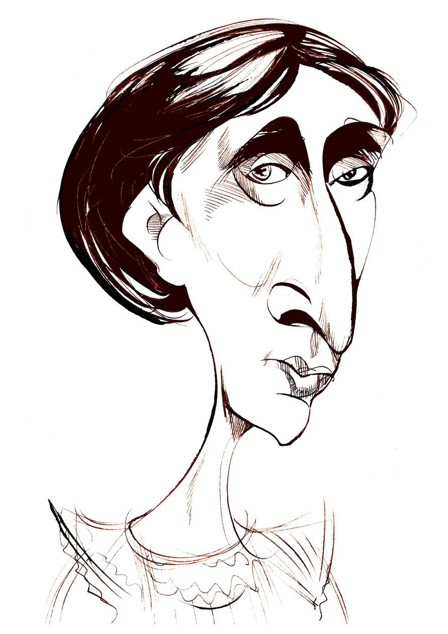 Virginia Woolf, engelsk romanforfatter sepia blekkkarikatur av Neale Osborne