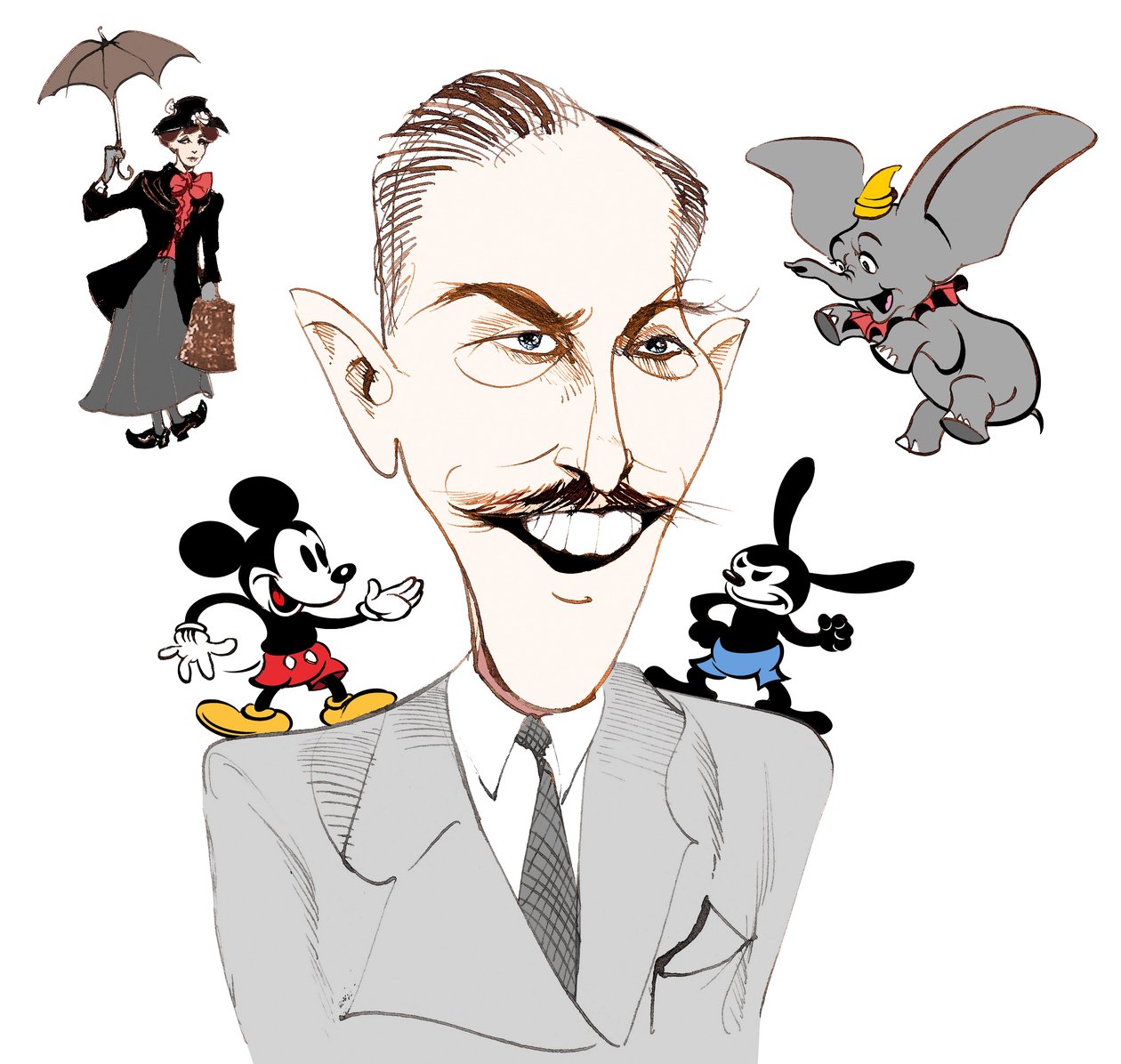 Walt Disney, amerikansk filmprodusent, forretningsmagnat, tegneserieskaper og animatør; karikert med Mary Poppins av Neale Osborne