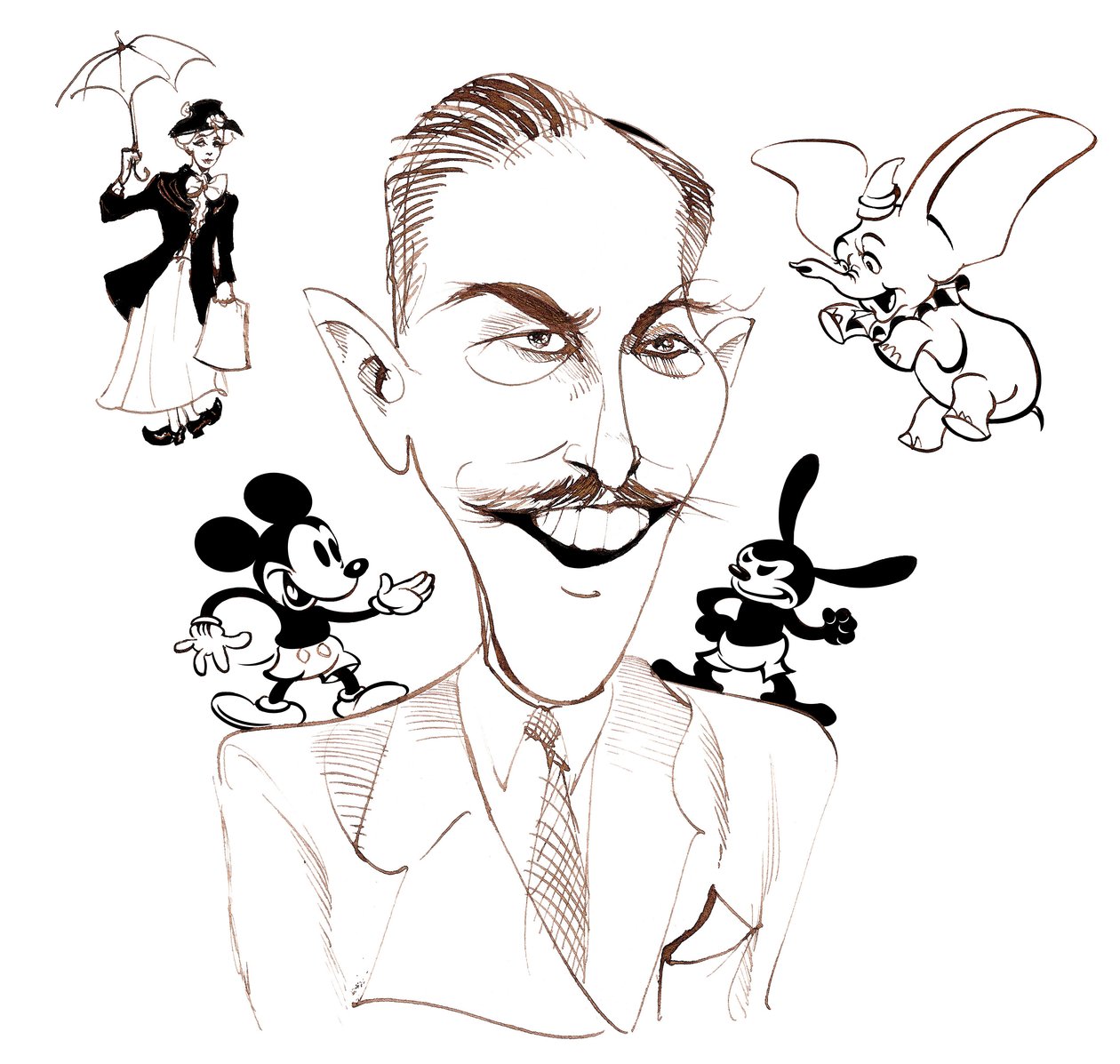 Walt Disney, amerikansk filmprodusent, forretningsmagnat, tegneserieskaper og animatør; karikert med Mary Poppins av Neale Osborne