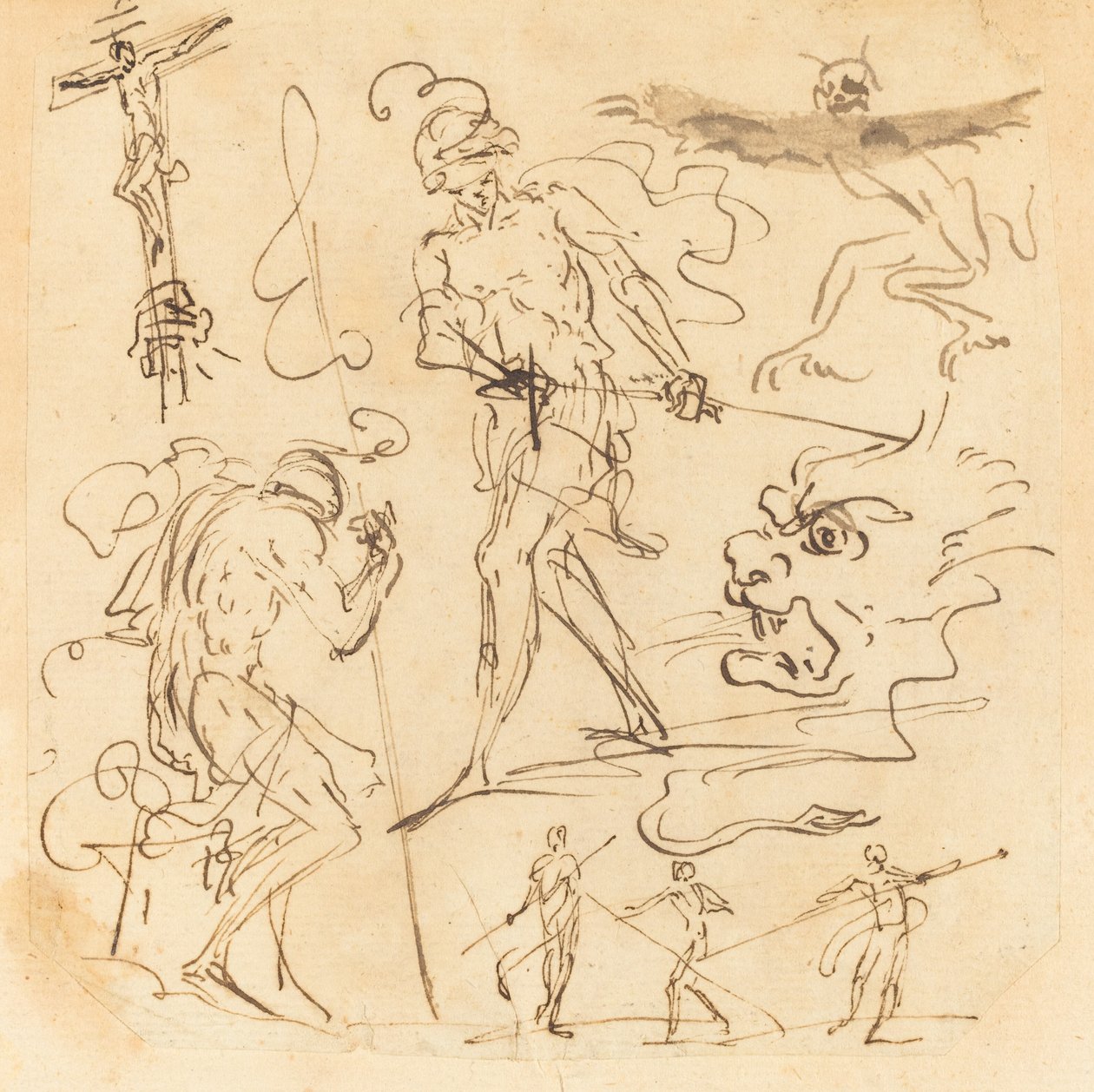 Ark med studier med en soldat som tegner et sverd, et krusifiks, uhyrlige dyr og andre figurer av Neapolitan 17th Century