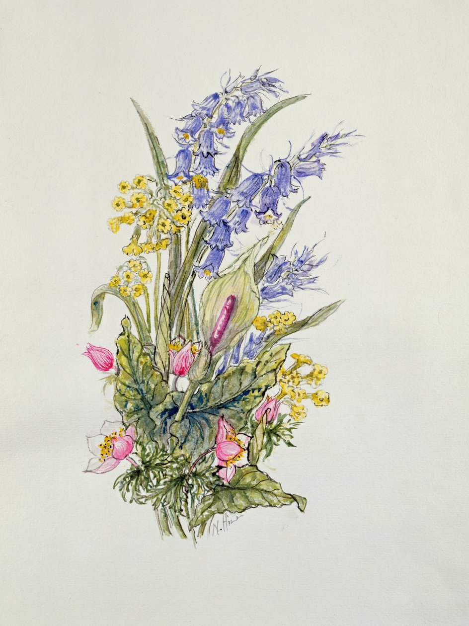 Blåklokkeposy med cowslips, dogroses og lilje av Nell Hill