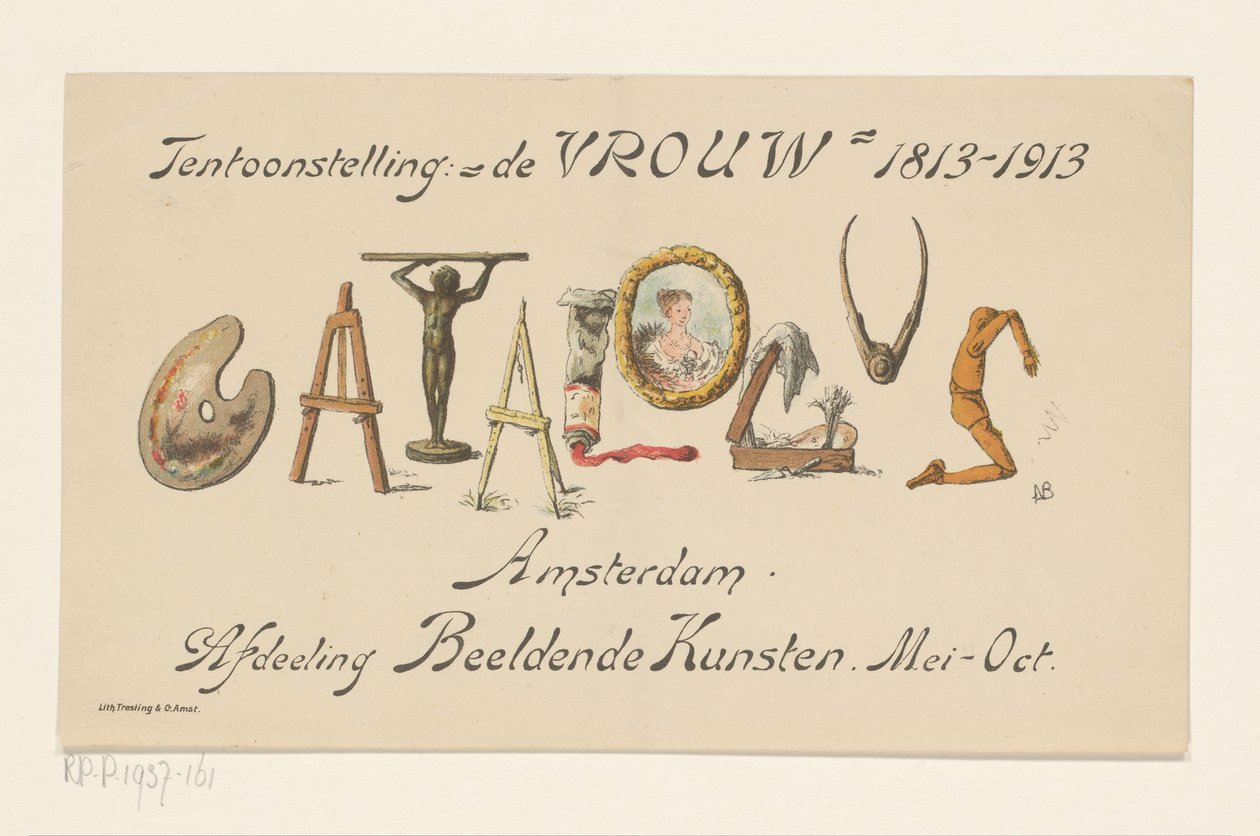 Kunngjøringskort for utstillingen De Vrouw, 1813-1913 (tittel på objekt) av Nelly Bodenheim (signed by artist)
