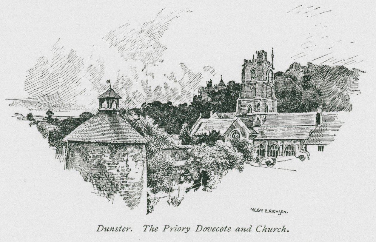 Dunster, Priory Dovecote og kirke (lito) av Nelly Erichsen