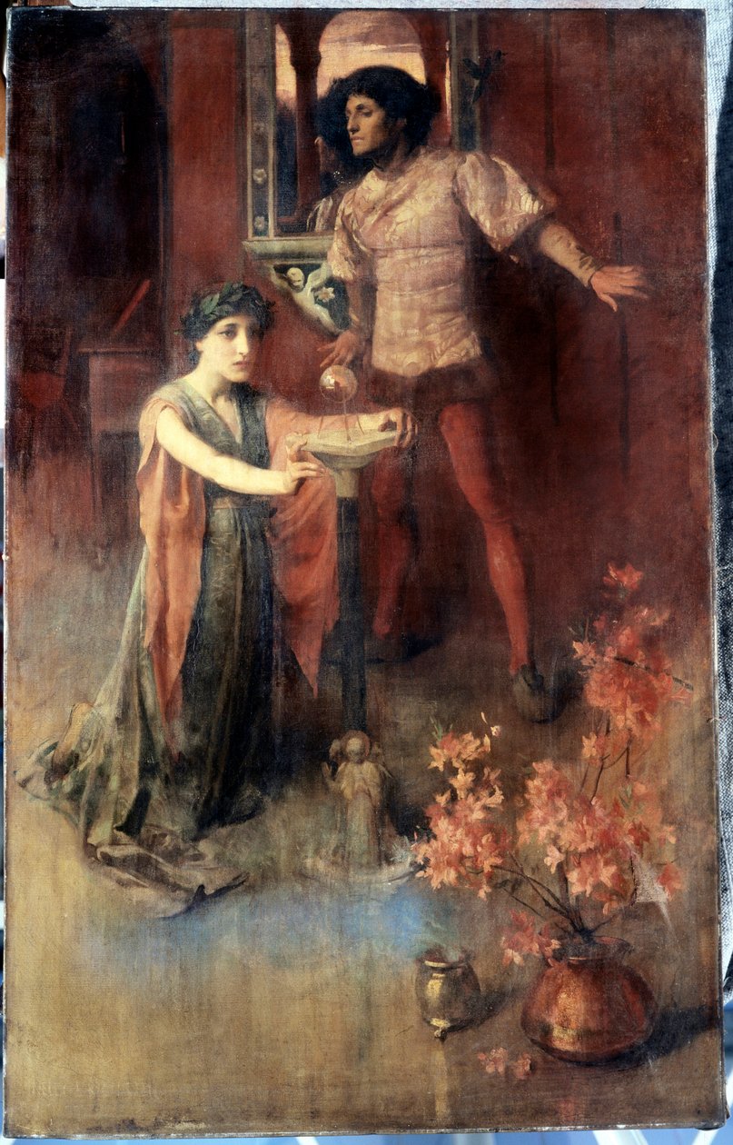 «Krystallkulen» En kvinne kneler foran en krystallkule, en mann venter bak henne med en blanding av frykt og nysgjerrighet. Maleri av Nelly Erichsen (aktiv ca. 1882–1893) Privat samling av Nelly Erichsen
