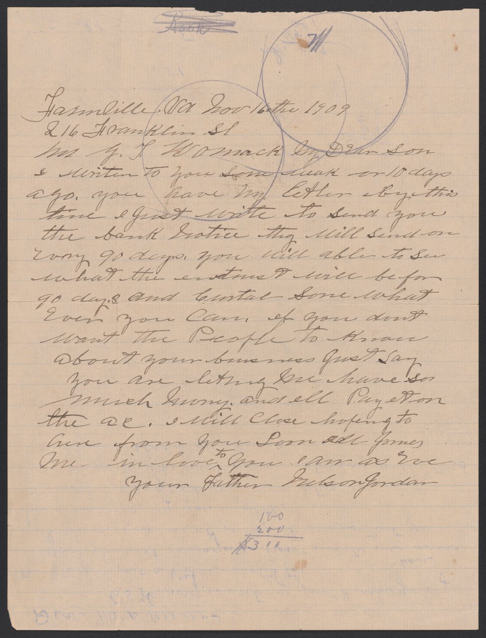 Brev fra Nelson Jordan til Julia Womack med en konvolutt, 16. november 1909. av Nelson Jordan