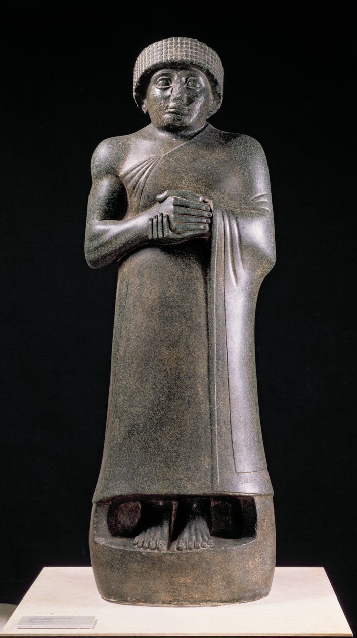 Statue av en konge med foldede hender, muligens Gudea, Prince of Lagash, fra Telloh (gamle Girsu) ca. 2130 f.Kr. (dioritt) av Neo Sumerian Neo Sumerian