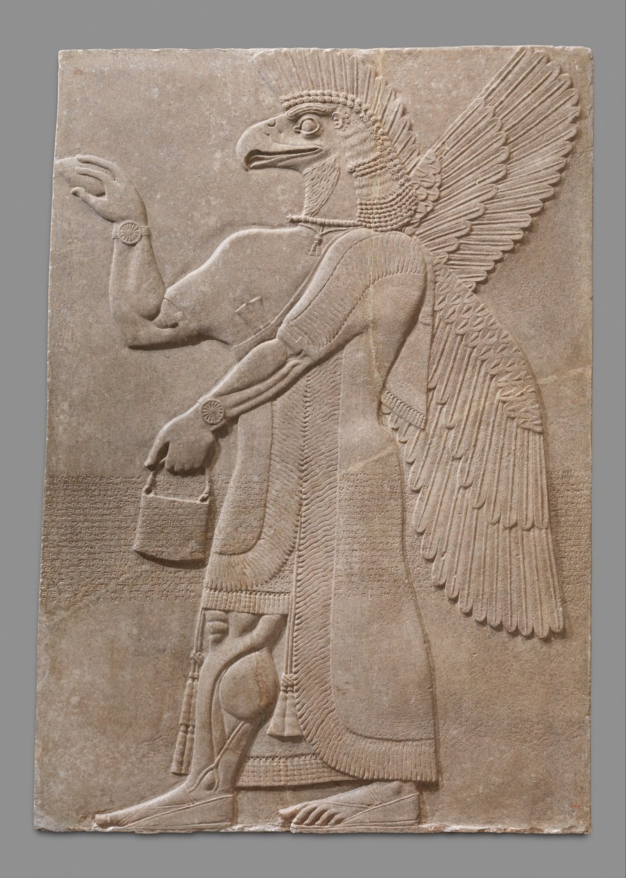 Relieffpanel av overnaturlig figur med bevinget ørnhode, ca. 883-59 f.Kr. (gipsalabast) av Neo Assyrian