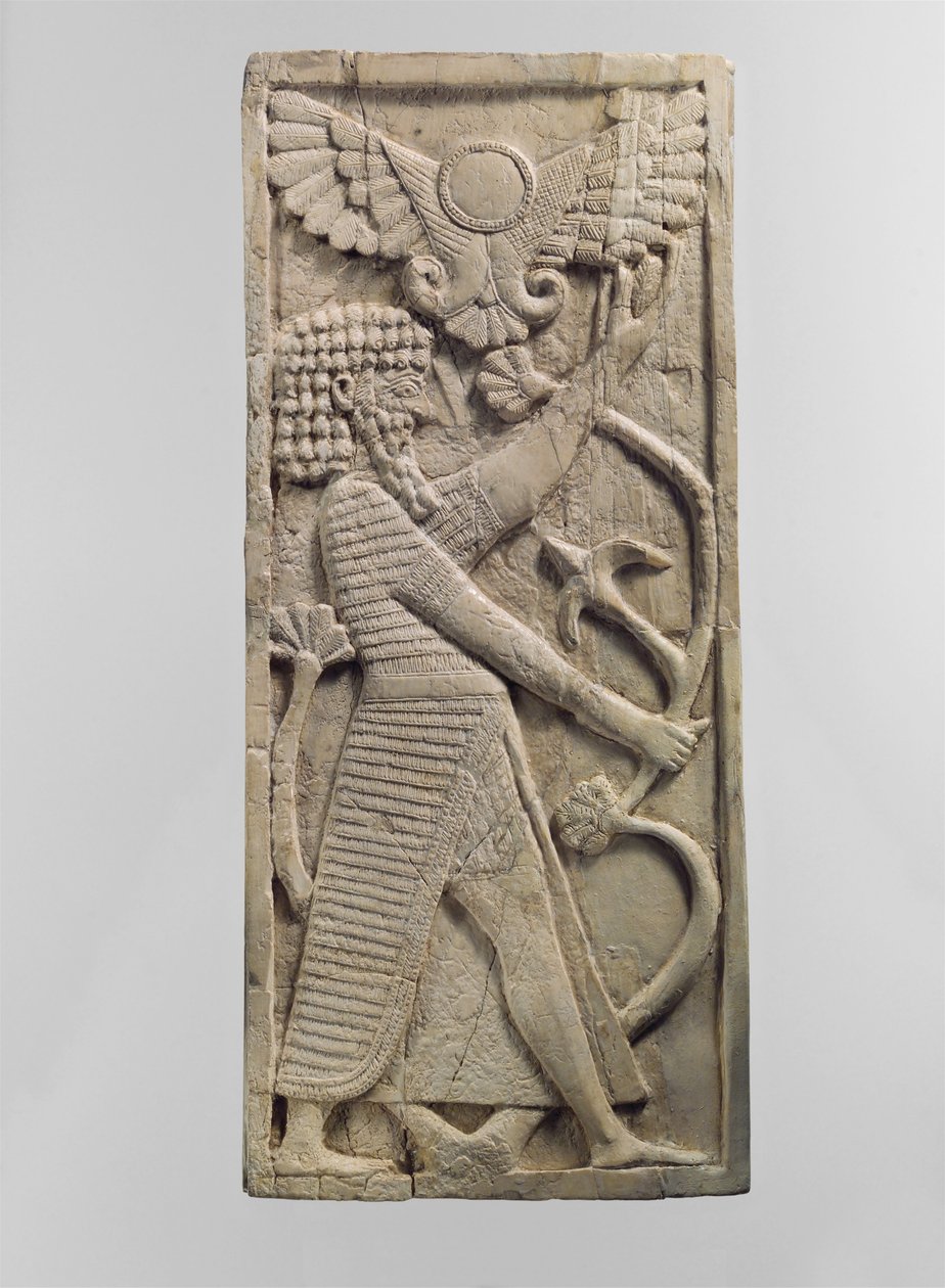 Møbelplakett skåret i relieff med en mannsfigur som griper et tre, ca. 800-tallet f.Kr. (elfenbein) av Neo Assyrian Neo Assyrian