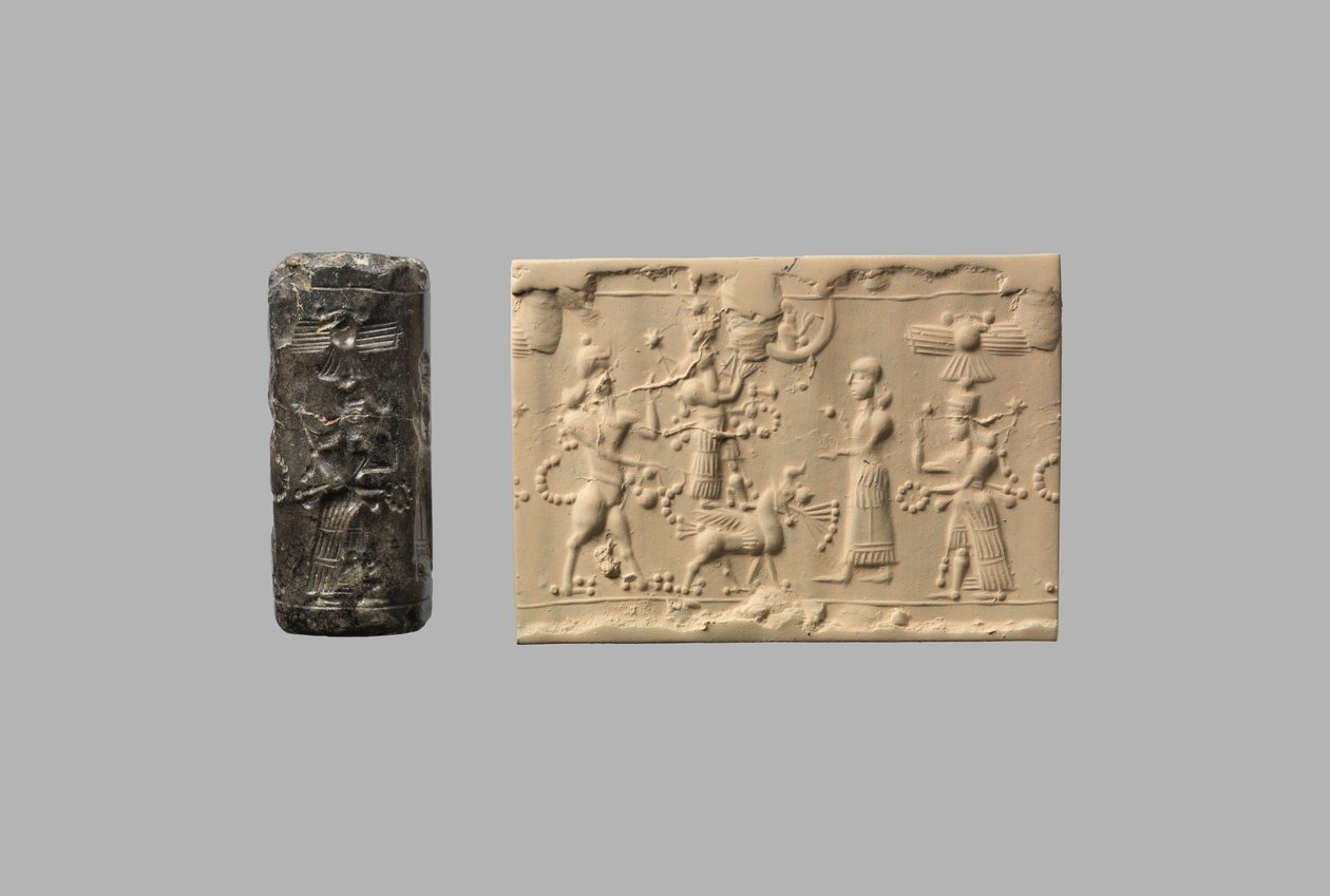 Cylinder seal with scorpion-man and modern impression, c.8th–7th century BC (quartz, crypto-crystalline) av Neo Assyrian
